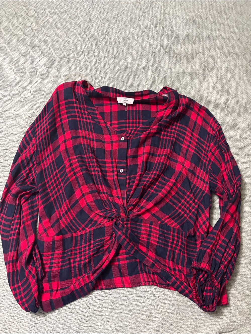 Women’s Red and Navy Plaid Knot-Front Top Entro Boutique
